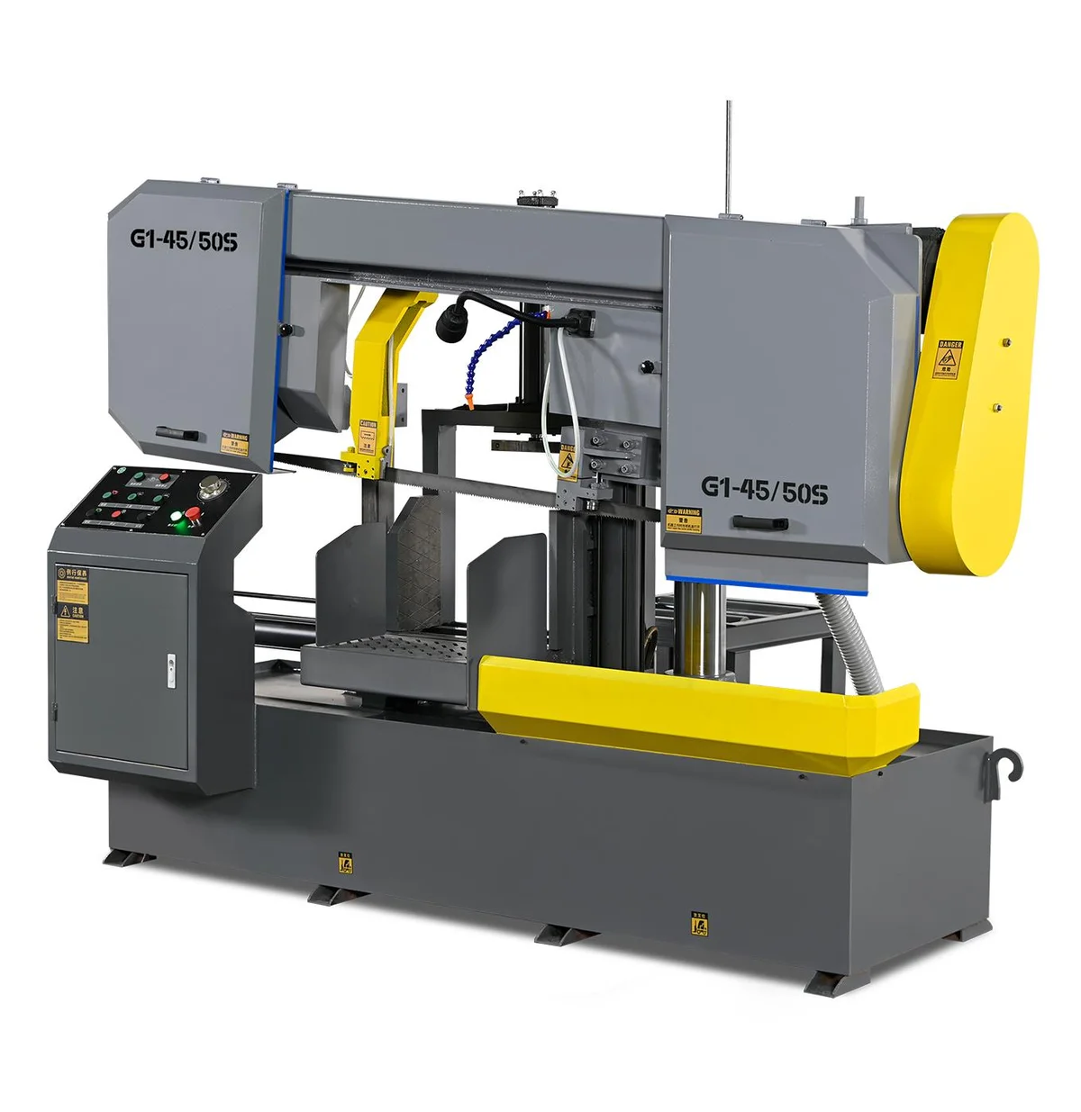 Structural steel H-beam bandsaw cutting